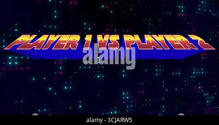 Displaying bold gradient PLAYER 1 VS PLAYER 2 text banner on arcade backdrop, with neon dots Stock Photo