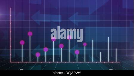 Displaying 3D bar chart on neon grid floor with magenta markers and background arrows Stock Photo