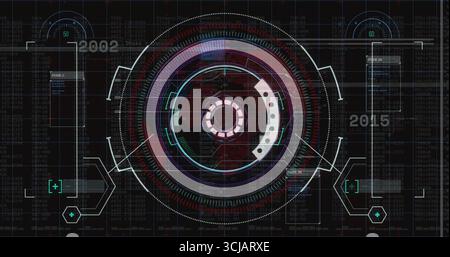 Displaying central circular interface rotating over grid, with concentric rings and code streams Stock Photo