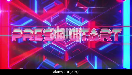 Displaying glitch-styled text PRESS START in retro-futuristic tunnel, with red and blue neon grids Stock Photo