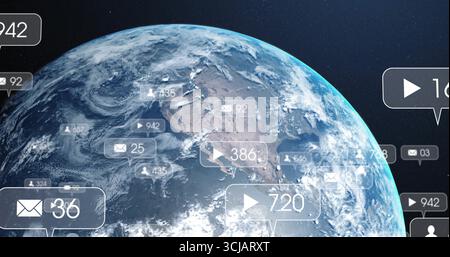 Displaying planet Earth rotating in space, with message user play icons and numeric labels Stock Photo