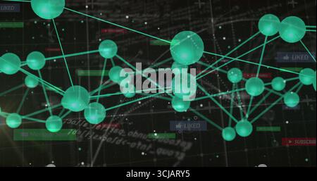Floating network graph linking glowing green spheres in digital grid, with UI elements Stock Photo