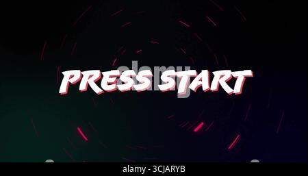 Displaying stylized Press Start text glowing on dark gradient UI, with swirling neon pink lights Stock Photo