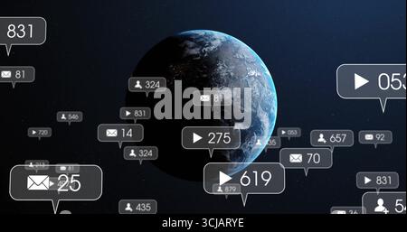 Floating play-button, envelope and user icons orbiting 3D planet Earth in space, showing counts Stock Photo