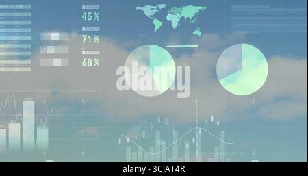 Displaying digital dashboard overlay floating against blue sky, featuring world map and pie charts Stock Photo