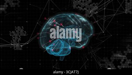 Displaying holographic 3D brain floating in dark grid matrix space, with red nodes and white lines Stock Photo