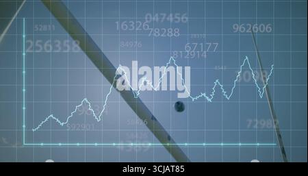Displaying pale cyan line chart on HUD grid overlay, with numeric labels, diagonal beams and sphere Stock Photo