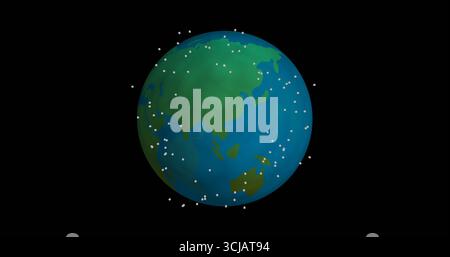 Rotating stylized Earth globe floating in outer space, with white square particles Stock Photo