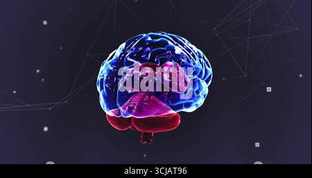 Floating 3D-rendered brain model glowing in dark violet digital environment, with network nodes Stock Photo