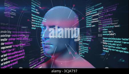 Floating glowing 3D mesh head model in virtual interface, showing code panels arrows index labels Stock Photo