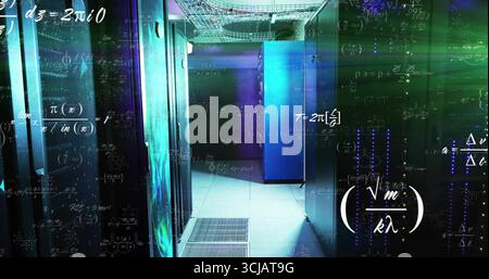 Glowing server racks lining data center corridor, above raised vents showing LEDs and formulas Stock Photo