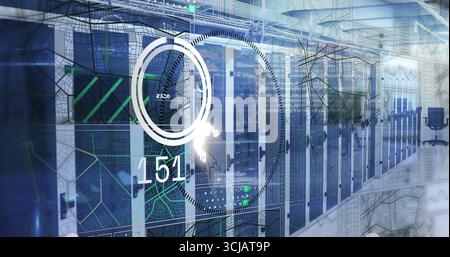 Displaying glass-fronted server cabinets lining aisle at data center, with digital network overlays Stock Photo