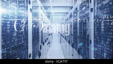 Streaming binary math overlays in data center corridor lining server racks blinking LEDs and cables Stock Photo