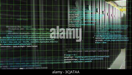 Displaying server racks shimmering in data center corridor, with code overlay, LED status lights Stock Photo
