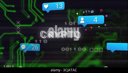 Displaying stylized CRYPTO text on digital interface, with notifications on glowing binary circuits Stock Photo