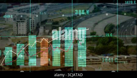 Displaying 3D bar and line chart over aerial city view, with circular markers and currency labels Stock Photo