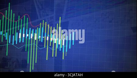 Displaying chart on financial interface, with grid overlay, candlestick bars and red and cyan lines Stock Photo