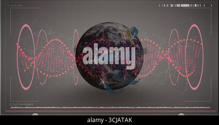 Displaying 3D Earth globe on grey interface background, with arrows, red waveform and white nodes Stock Photo