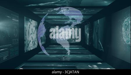 Hovering holographic globe displaying grid continents in corridor, with digital panels and charts Stock Photo