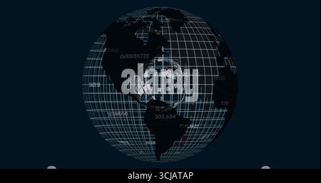 Displaying 3D Earth sphere in abstract space with grid lines, data codes and central hub graphic Stock Photo