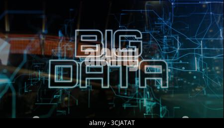 Displaying glowing BIG DATA text over lit control room background, with teal and orange circuits Stock Photo