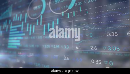 Displaying financial dashboard on screen showing bar charts, line graphs, gauges, percentage arrows Stock Photo