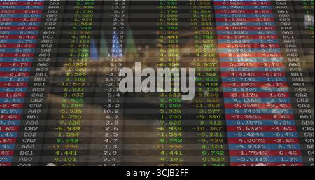 Displaying ticker panel in trading studio, showing color-coded stock codes and percentage changes Stock Photo