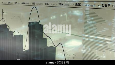 Displaying glass display showing 3D bar chart and line graph over currency tickers at office window Stock Photo
