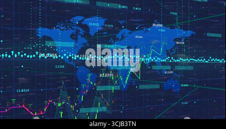 Displaying world map data visualization overlaying grid, with colored trend lines and data nodes Stock Photo