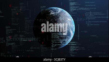 Rotating Earth floating in dark space, with code snippets, binary digits and alphanumeric codes Stock Photo