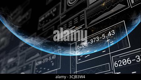 Displaying curved planet horizon glowing in orbital analytics interface, with data panels and codes Stock Photo
