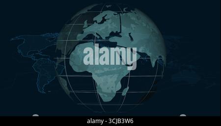 Displaying digital globe with grid lines, network arcs and faint map outlines on navy background Stock Photo