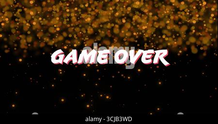 Displaying large GAME OVER text on dark background with golden bokeh lights and game end screen Stock Photo