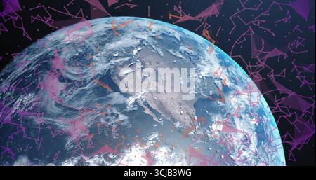 Displaying planet Earth rotating over North America in space, purple network lines and red arrows Stock Photo