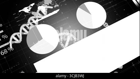 Displaying glowing 3D DNA helix over grid interface, with pie charts, overlay and numeric labels Stock Photo
