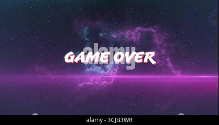 Displaying stylized GAME OVER text hovering in star field, with neon beam and nebula Stock Photo