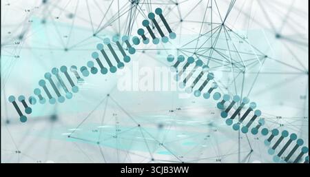 Displaying stylized DNA double helix occupying data space, with polygonal mesh and floating labels Stock Photo