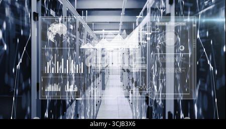 Displaying server rack aisle in data center corridor, showing blinking LEDs, cables, display panels Stock Photo