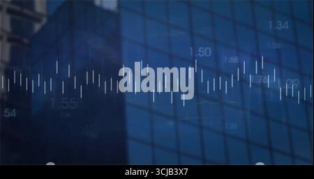 Displaying candlestick chart bars fluctuating on skyscraper glass facade, with numeric values Stock Photo