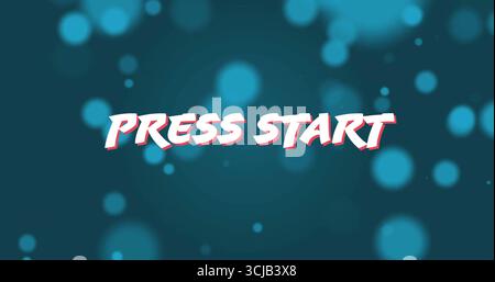 Displaying stylized PRESS START text on digital interface, with teal-blue bokeh backdrop Stock Photo