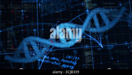 Floating 3D DNA helix model rotating within virtual interface, with code snippets and data streams Stock Photo