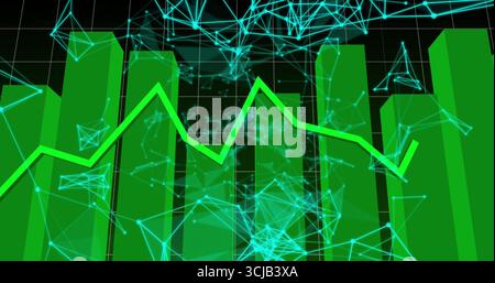Displaying green data bars on grid in cyberspace, with neon green line graph and cyan mesh Stock Photo