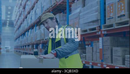 Using handheld scanner warehouse worker scanning label on pallet of boxes at distribution center Stock Photo