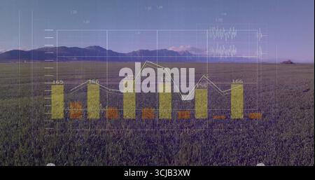 Displaying bar chart and line graph overlaying grassland at dusk with grid lines and numbers Stock Photo