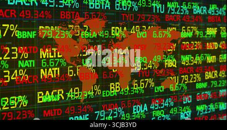 Displaying stylized orange world map on financial grid screen, with ticker symbols and percentages Stock Photo