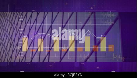 Displaying multi-series chart on purple dashboard, with golden bars, orange segments, white line Stock Photo
