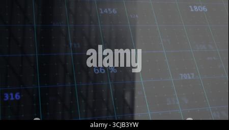 Displaying 66% progress indicator on computer interface, with grid overlay and numeric data markers Stock Photo