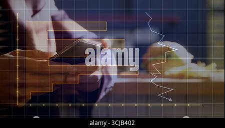 Shirted man holding smartphone in cafe, showing data charts with coffee cup and pastry, copy space Stock Photo