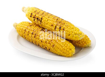 Three tasty grilled corncobs isolated on white Stock Photo