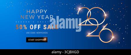 New Year Sale 2026 banner template for sales email, web header. New Year vector background in blue and gold colors Stock Vector